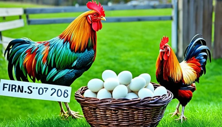 Two colorful roosters standing near a basket of eggs.