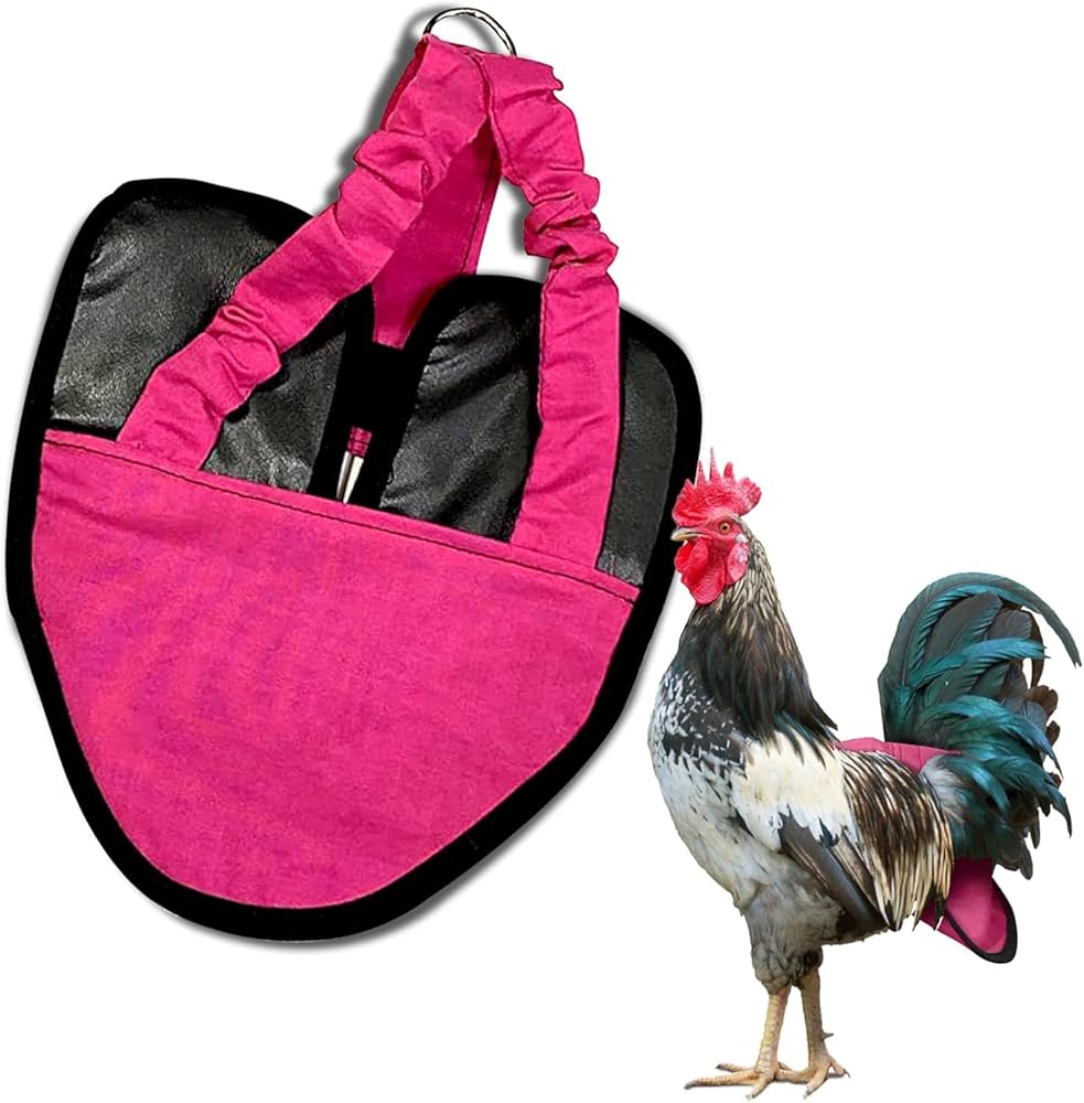 A pink chicken harness with a rooster standing next to it.